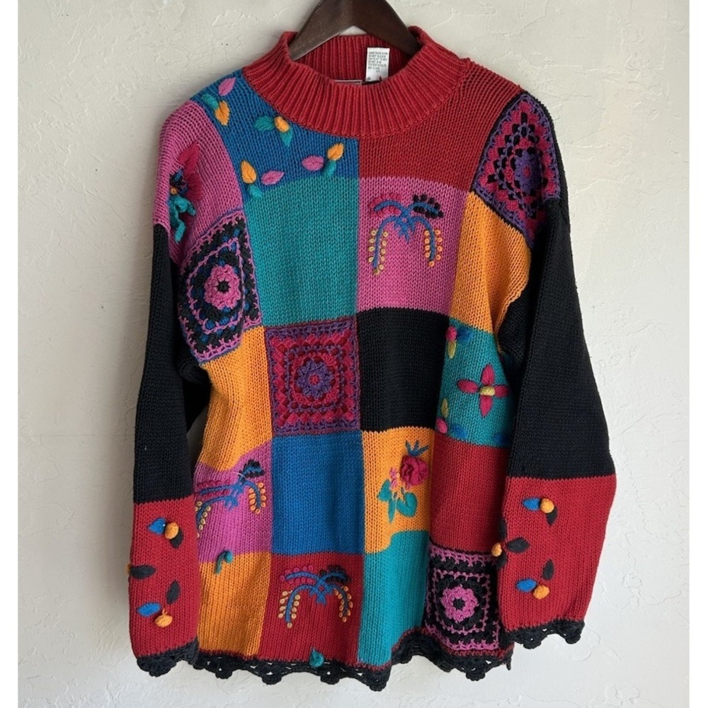 Vintage 90s Patchwork Colorblock Pullover Sweater M Granny Crochet Maximalist